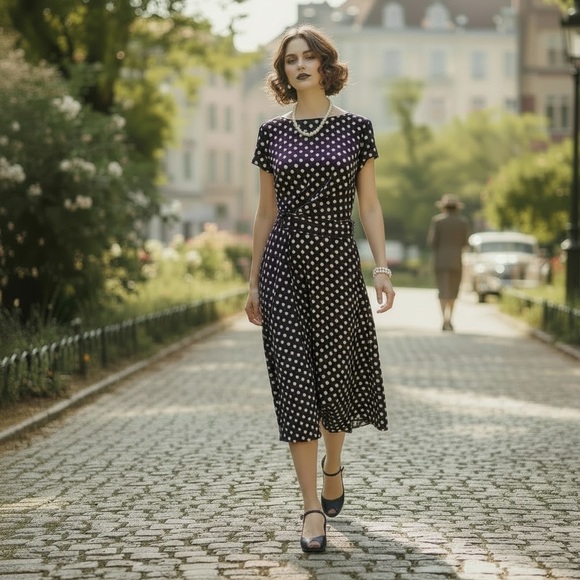 Perceptions New York Dresses & Skirts - Purple Flare Dress with Cream Polka Dots, Ruche Style Belt Sz Small (runs large)